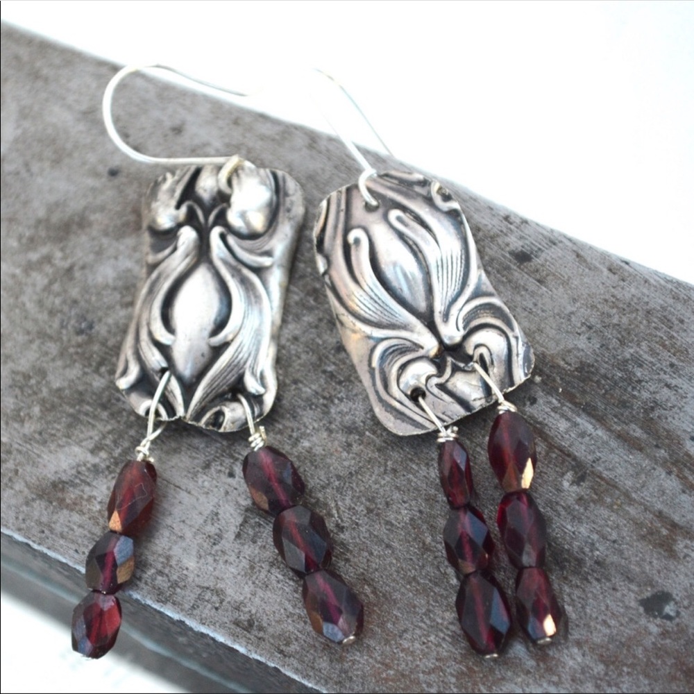 Sterling Silver Garnet Art Noureau Boho Earring 💋 - Picture 7 of 10